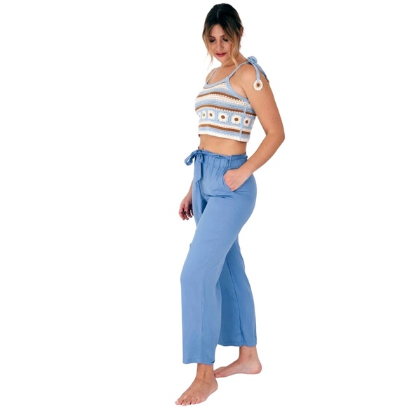 ALTAR'D STATE Crochet Knit Crop Top Floral Tie Straps Shirt Strappy Sky Blue - Picture 13 of 15